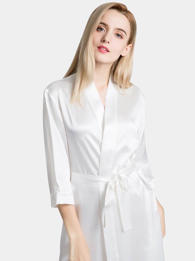 White Silk Satin Kimono Short Robe
