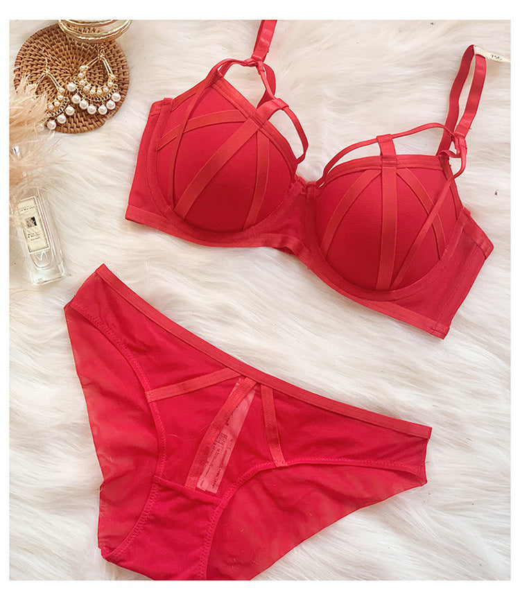 Stylish Sexy Front Cross Strips Padded Wired Bra & Panty Set 0001