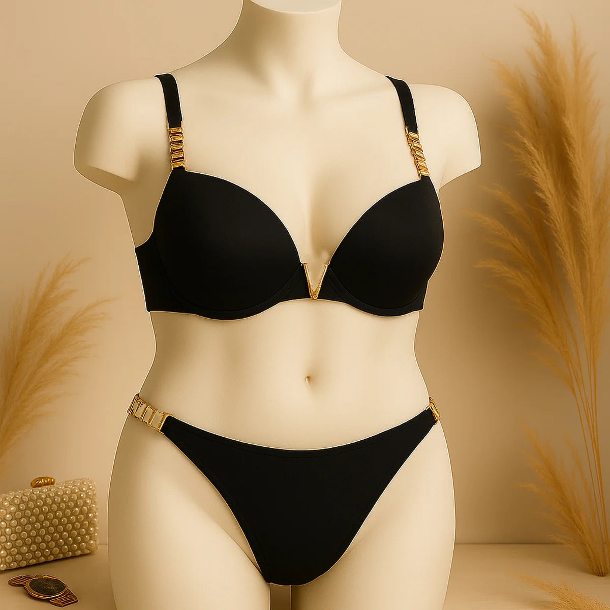High Quality New Style Chain Straps Front Metal V buckel Bra & Panty Set 195