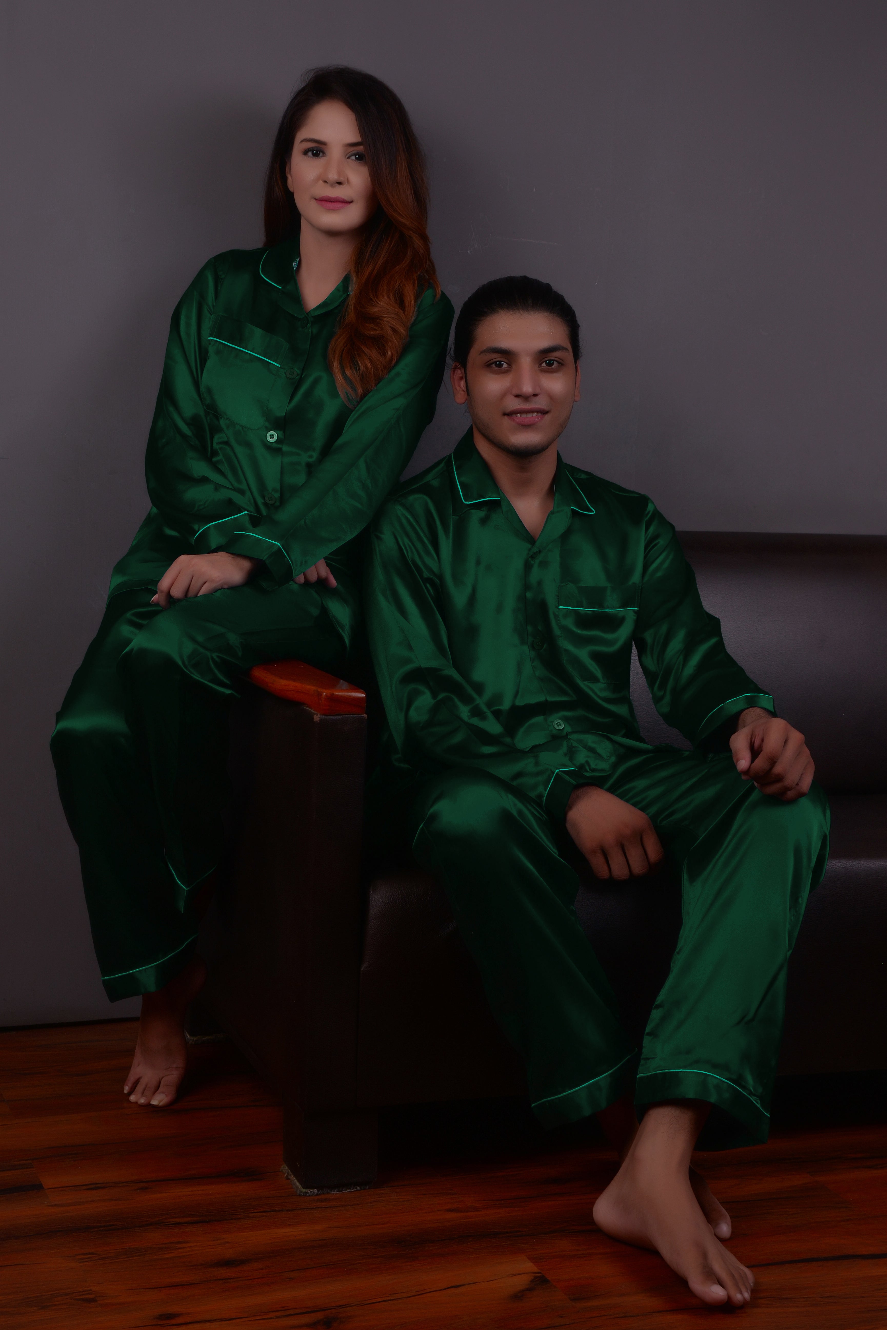 Dark Green Silk Couple Nightwear Set – Luxurious & Romantic